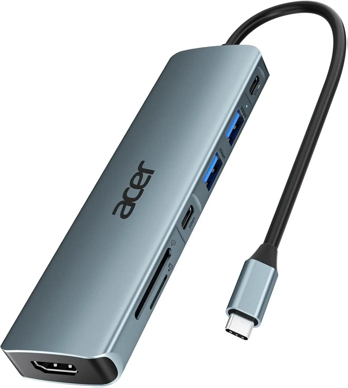 Acer 7-In-1 USB-C Hub Multi-Port Adapter for Laptop 4K HDMI Splitter 2 USB-A 3.1 Type-C PD 100W SD Card Reader Space Grey
