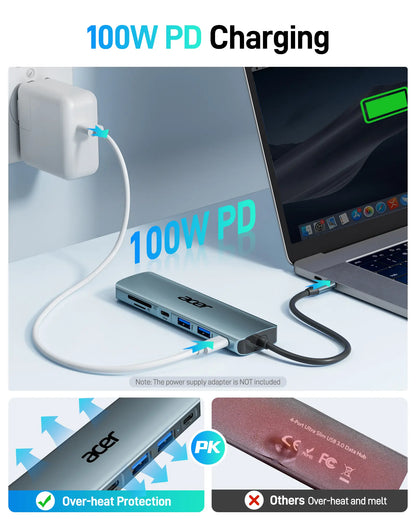 Acer 7-In-1 USB-C Hub Multi-Port Adapter for Laptop 4K HDMI Splitter 2 USB-A 3.1 Type-C PD 100W SD Card Reader Space Grey