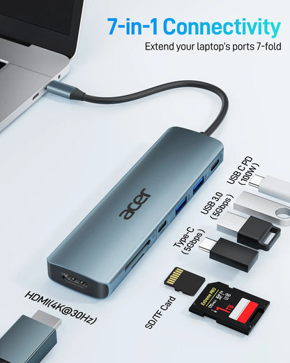 Acer 7-In-1 USB-C Hub Multi-Port Adapter for Laptop 4K HDMI Splitter 2 USB-A 3.1 Type-C PD 100W SD Card Reader Space Grey