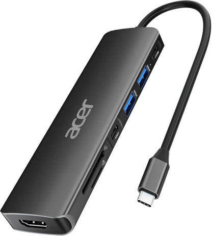 Acer 7-In-1 USB-C Hub Multi-Port Adapter for Laptop 4K HDMI Splitter 2 USB-A 3.1 Type-C PD 100W SD Card Reader Space Grey