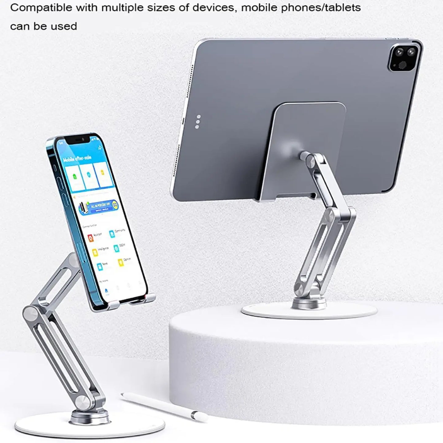 Adjustable 360° Swivel Aluminum Alloy Desktop Phone Holder for 4"-13" Phones & Tablets with Dual Axis Rotation and Desk Stand