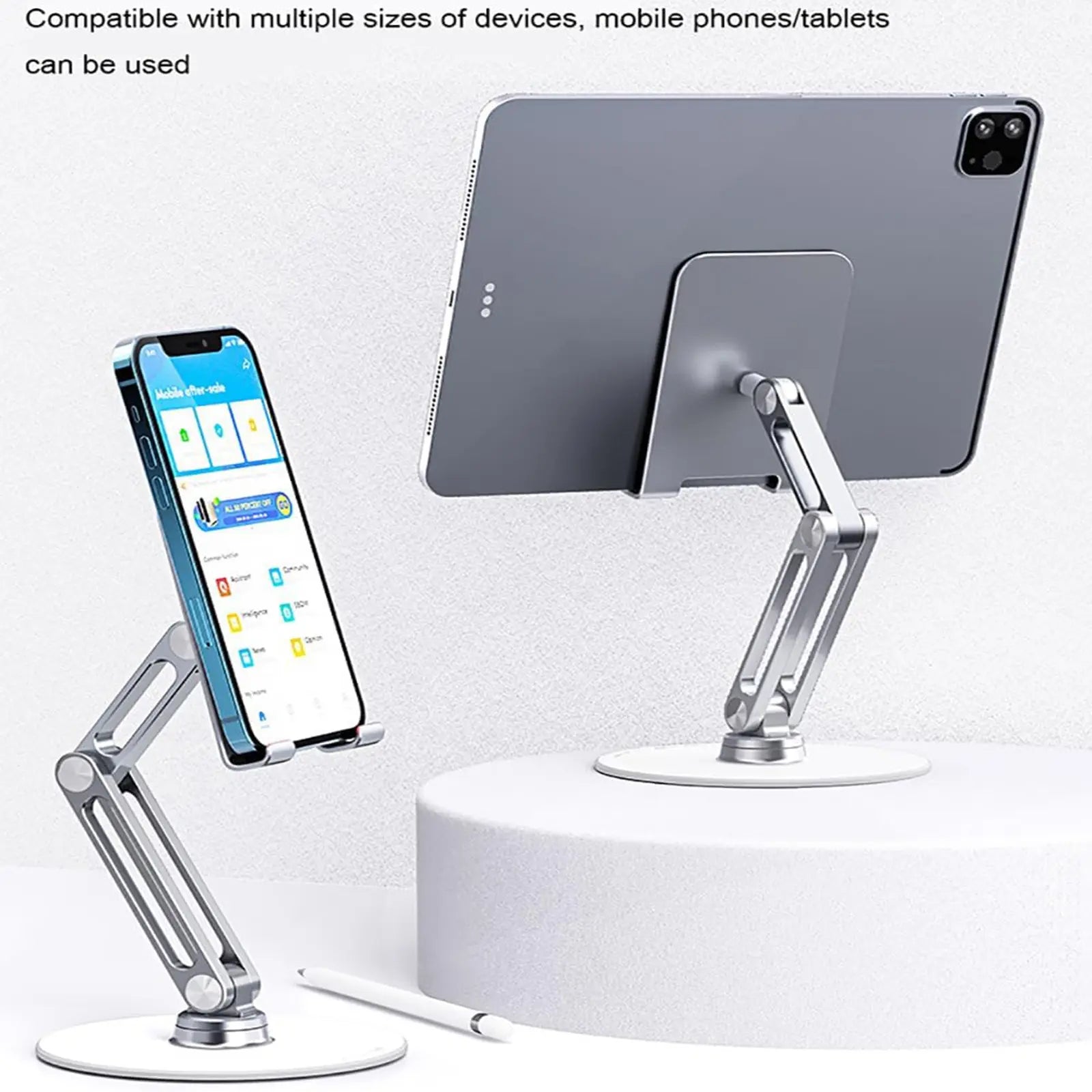 Adjustable 360° Swivel Aluminum Alloy Desktop Phone Holder for 4"-13" Phones & Tablets with Dual Axis Rotation and Desk Stand