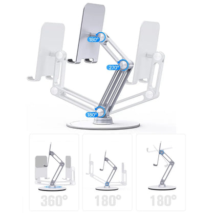 Adjustable 360° Swivel Aluminum Alloy Desktop Phone Holder for 4"-13" Phones & Tablets with Dual Axis Rotation and Desk Stand