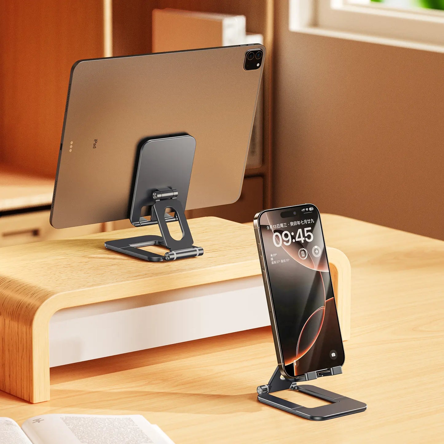 Fully Foldable Phone Stand for Desk, Adjustable Cell Phone Holder with Silicone Pad Compatible with All Smartphones