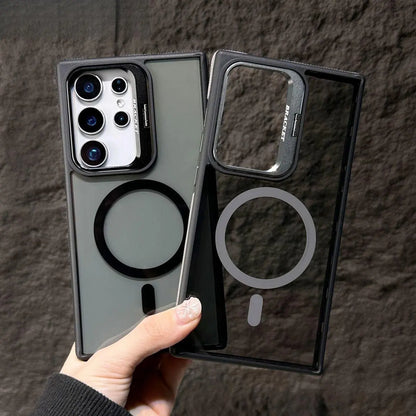 Transparent PC & TPU Case for Samsung Galaxy S25 Ultra S24 S23 Plus, Anti-Slip Side Grips, Built-In Camera Ring Stand with Raised Lens Frame Protection