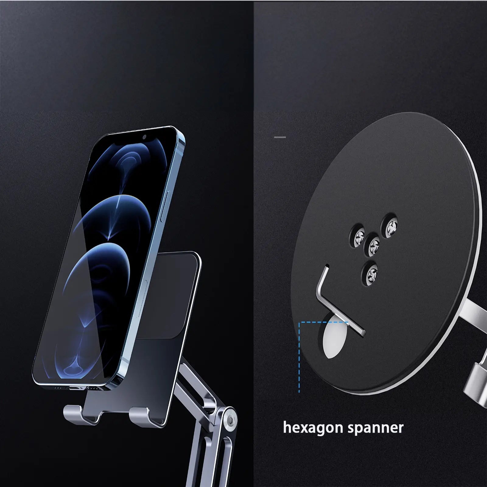 Adjustable 360° Swivel Aluminum Alloy Desktop Phone Holder for 4"-13" Phones & Tablets with Dual Axis Rotation and Desk Stand