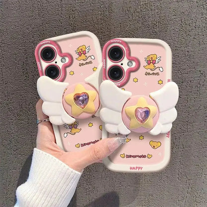 Sakura Higurashi Magical Girl Angel Wing Stand Phonecase for Iphone 17 16 15 14 13 12 11 Pro Max TPU Softshell Protective Cover Shockproof Casing with Adorabledesign