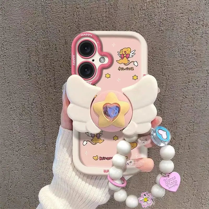 Sakura Higurashi Magical Girl Angel Wing Stand Phonecase for Iphone 17 16 15 14 13 12 11 Pro Max TPU Softshell Protective Cover Shockproof Casing with Adorabledesign
