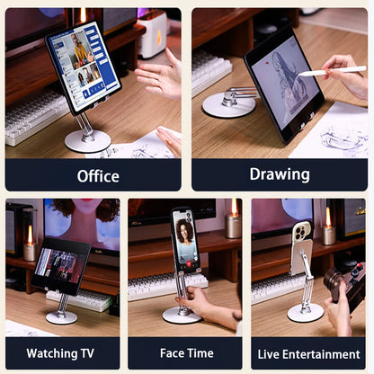 Adjustable 360° Swivel Aluminum Alloy Desktop Phone Holder for 4"-13" Phones & Tablets with Dual Axis Rotation and Desk Stand